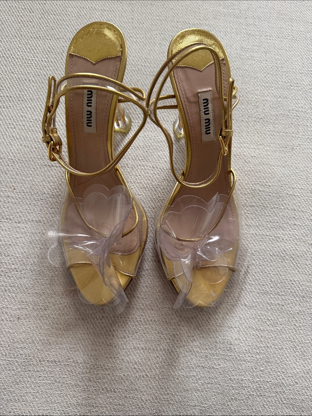 Authentic Miu Miu Gold Metallic Slingback Heels with Clear Bow Accent size 38